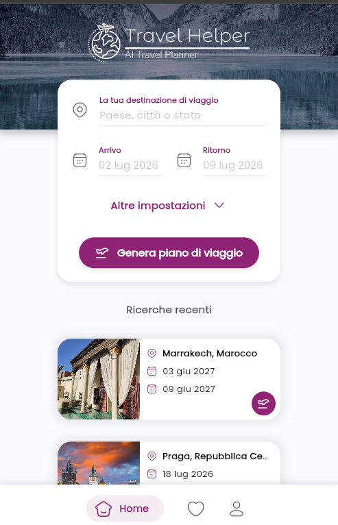 Travel Helper app showing AI travel planner form and recent trips
